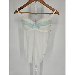 Gilligan & O"Malley Womens Sz M Babydoll Nightie White w/ Blue Lace Bridal